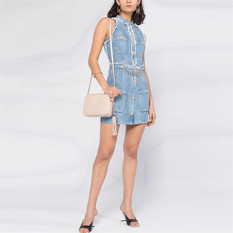 HIGH STREET est Summer Dress Women's Sleeveless Tassel Fringed Lion Buttons Denim 210521