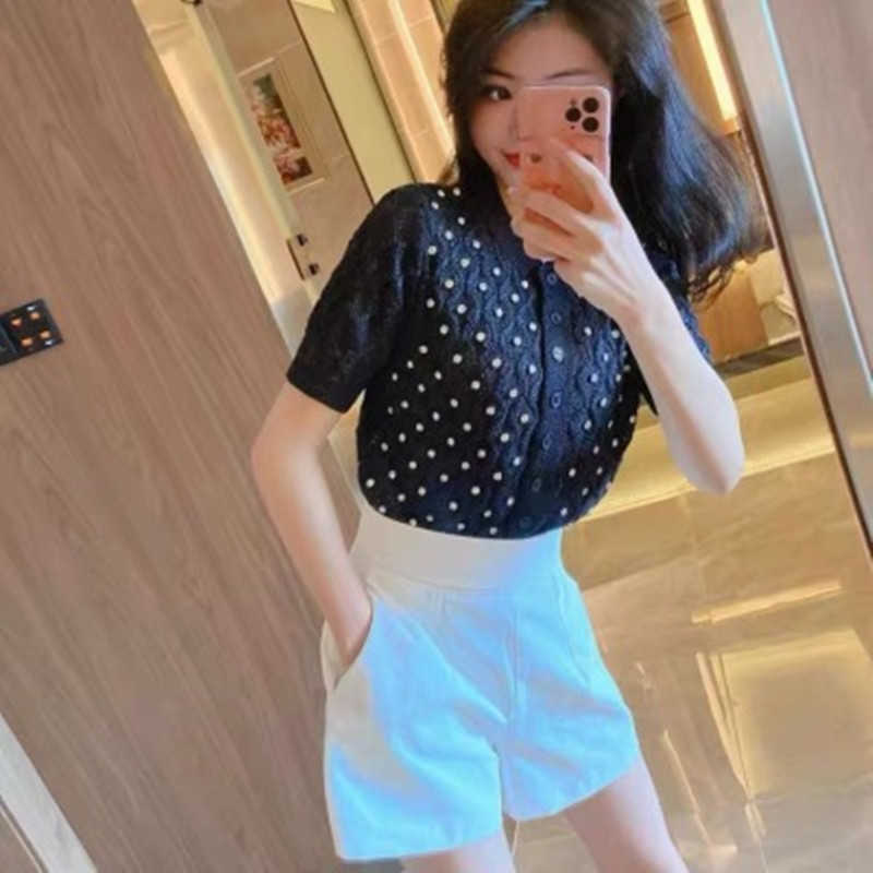 Fashion O Neck Short Sleeve Solid Diamond Knit Sweater Shine Cardigan Spring Summer Women High Quality Sweet Knitted Top 210918