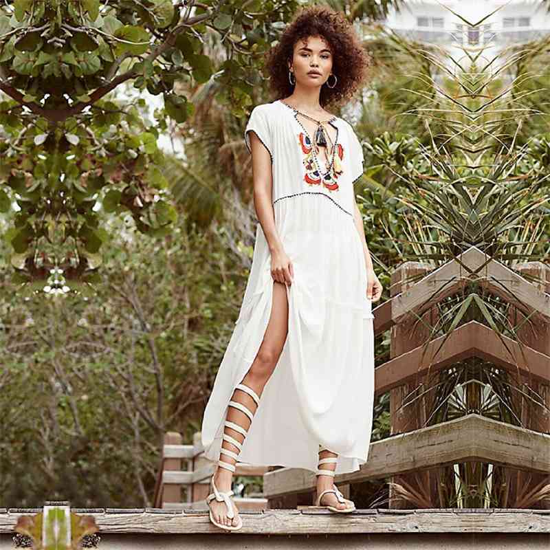 Embroidery Cotton Beach Cover up Tunic for Bathing suit Women Sarong Pareo Swim Dress #Q582 210420