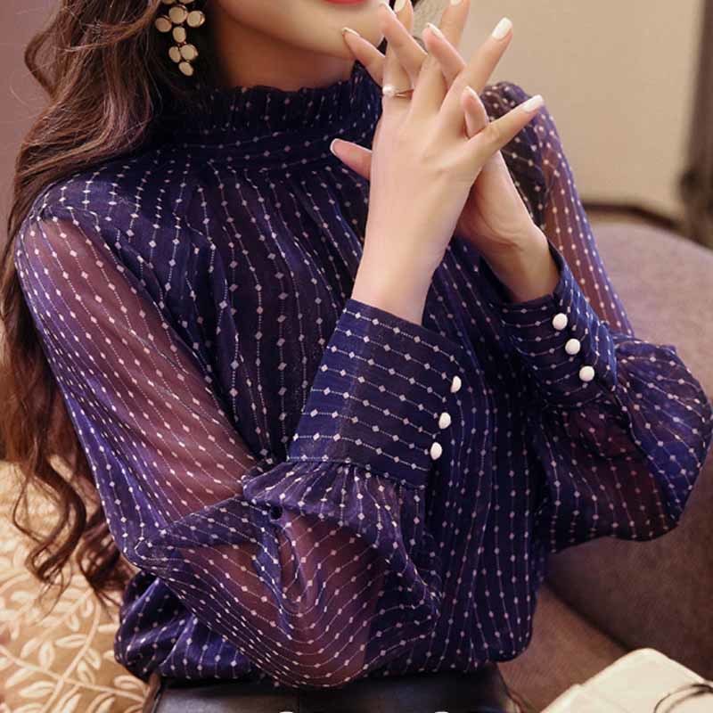 Fashion Chiffon Dot Print Purple Women Blouse Long Sleeve Women's Sexy Office Lady Stand-up Collar Blusas D468 210518