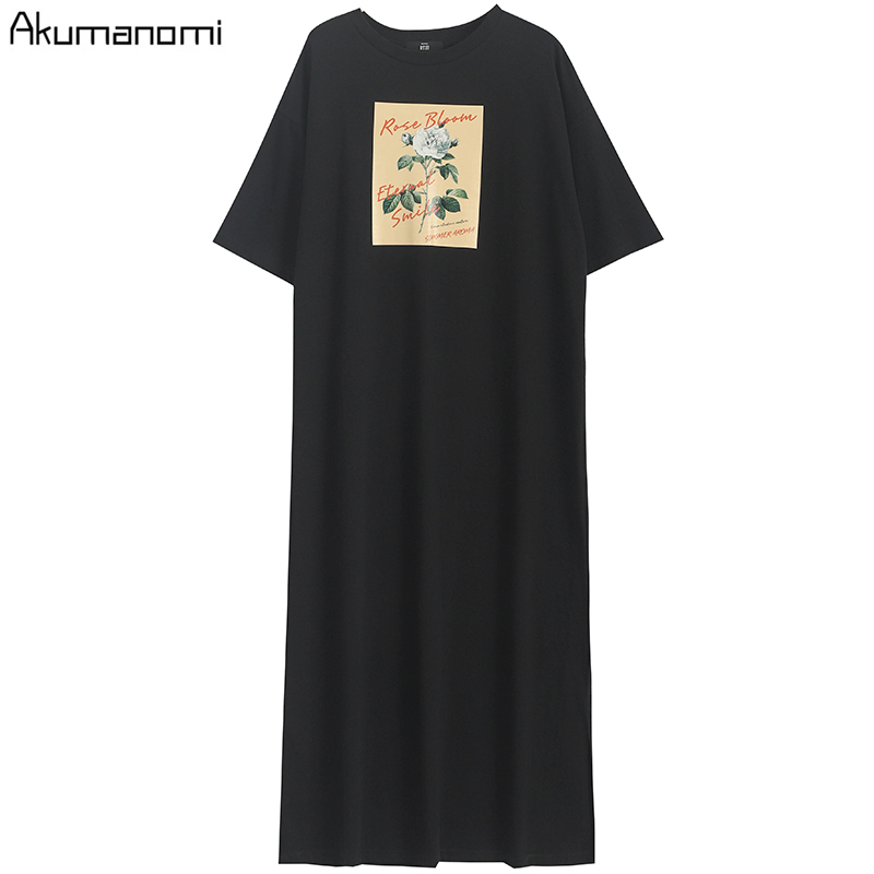 Cotton Tops Plus Size 7xl 6xl 5xl 4 Xxxl Black Maxi T Shirt Dress Women Summer Party Vintage Straight Casual Double Slit Dresses 210409