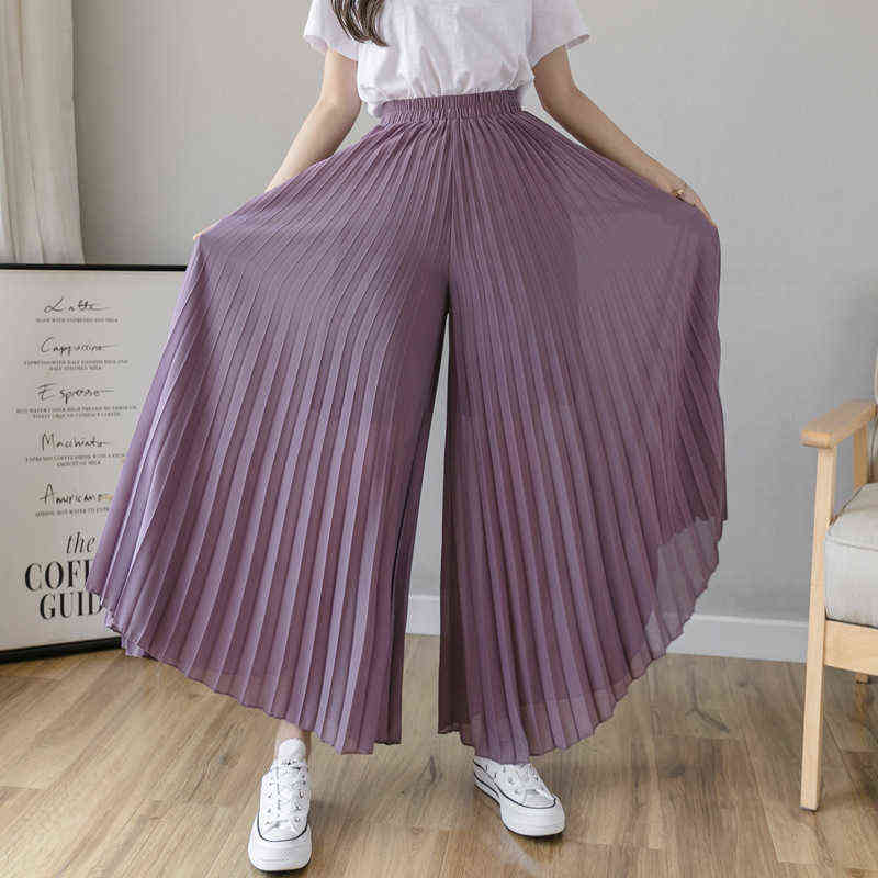 Women Summer Autumn Pleated Loose Pants Fashion Female Chiffon Elastic Waist Skirt Black Blue Wide Leg Femme 211124Z