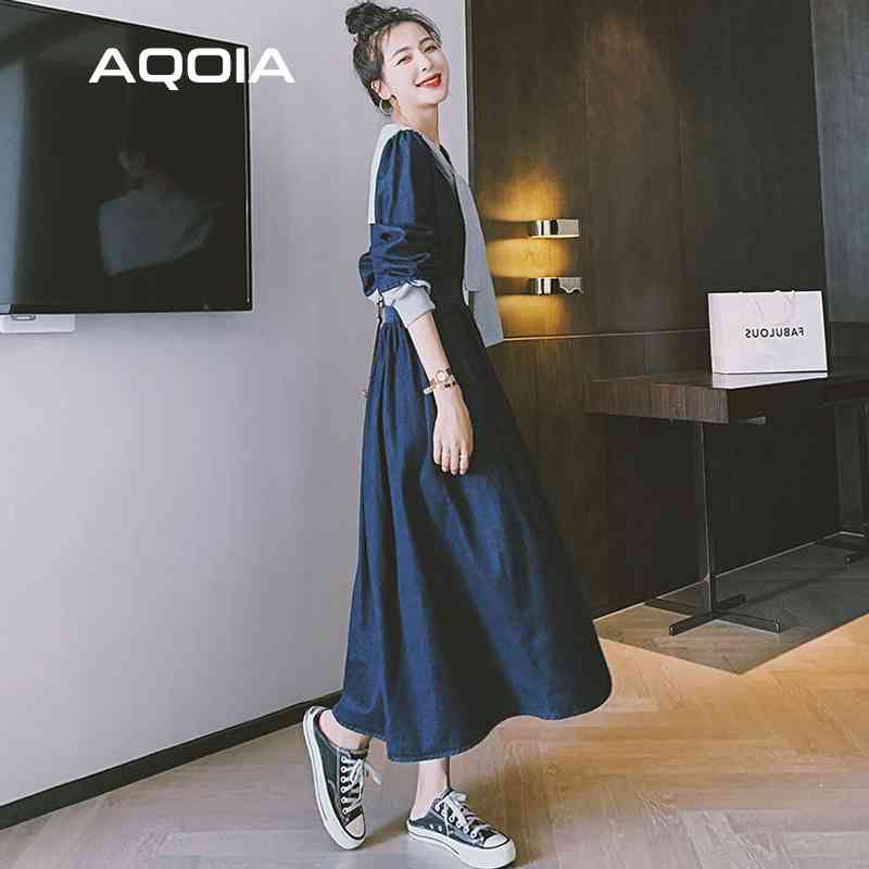 Spring Streetwear Denim Women Long Dress Sleeve Casual Shawl Empire Loose Plus Size Fashion Y2K Ladies Dresses 210521