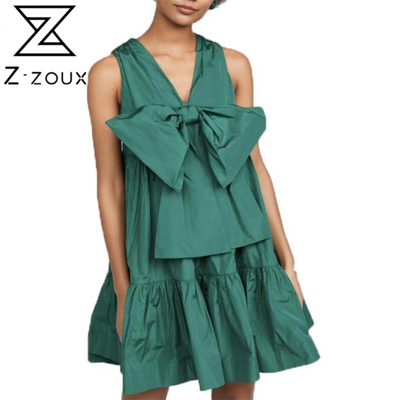 Women Dress V Neck Sleeveless Bohemian es Large Bow Loose Casual Mini Hem Fashion Beach es Summer 210513