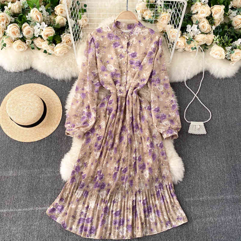 FLF Autumn Boho Print A-line Streetwear Dresses Women French Floral Dress O Neck Long Sleeve Button Ruched Ruffles Dress 210521