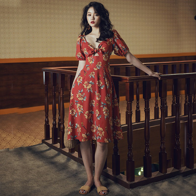 Fashion Boho Dress Floral Print Sexy Cross Strap Backless Open Back Bow Tie Casual Bohemian Knee Length Vestido 210421