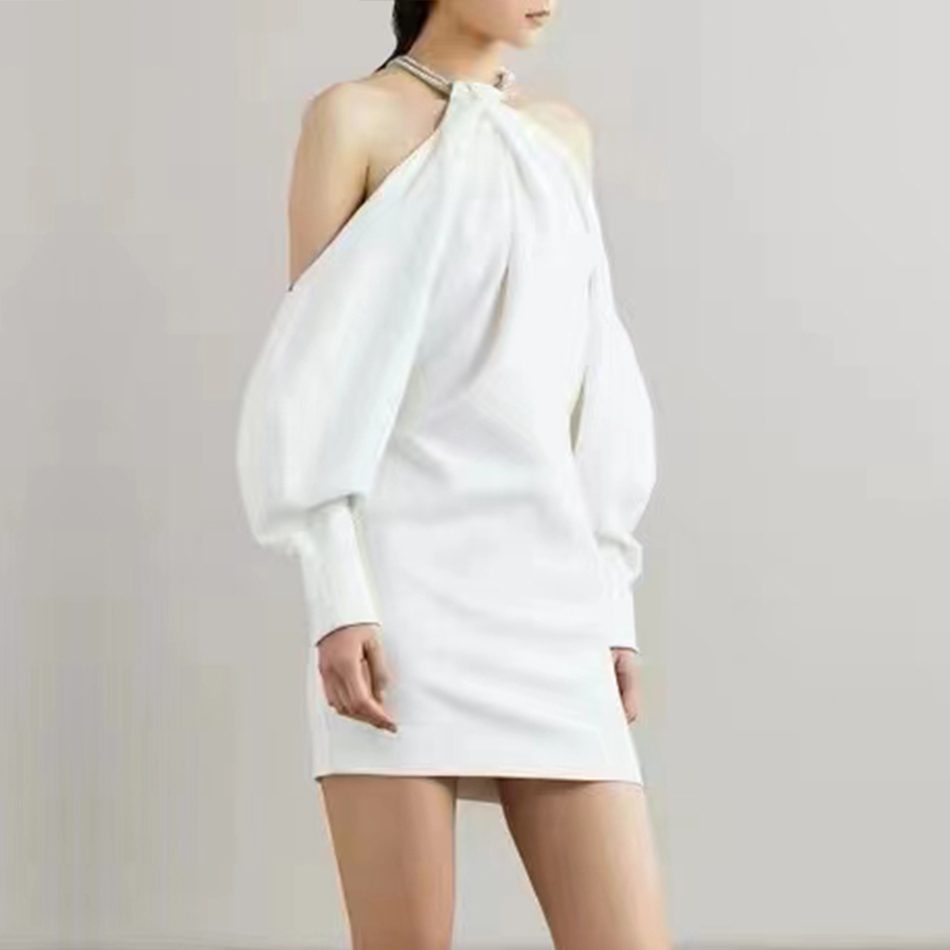 Winter Women Fashion White Halter Club Mini Dress Sexy Long Lantern Sleeve Black Celebrity Evening Party Dresses 210423