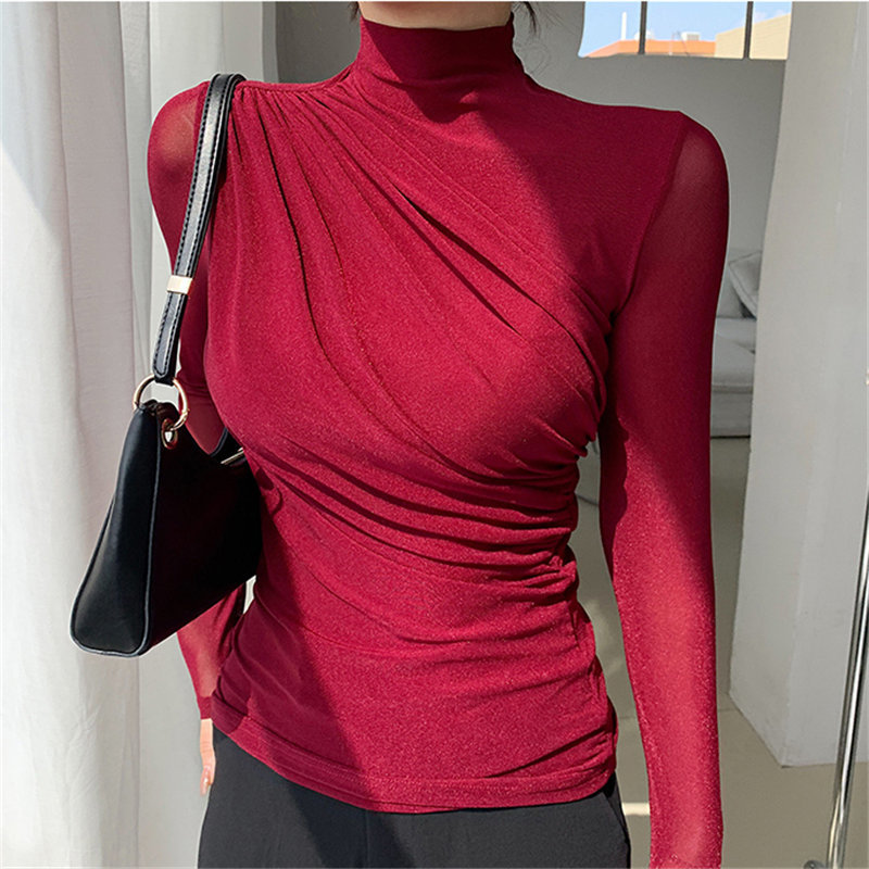 Turtleneck Solid Basic Women Autumn Pleated Brief Tops Full Sleeves Plus Size Female All Match Lace T-Shirts 210421