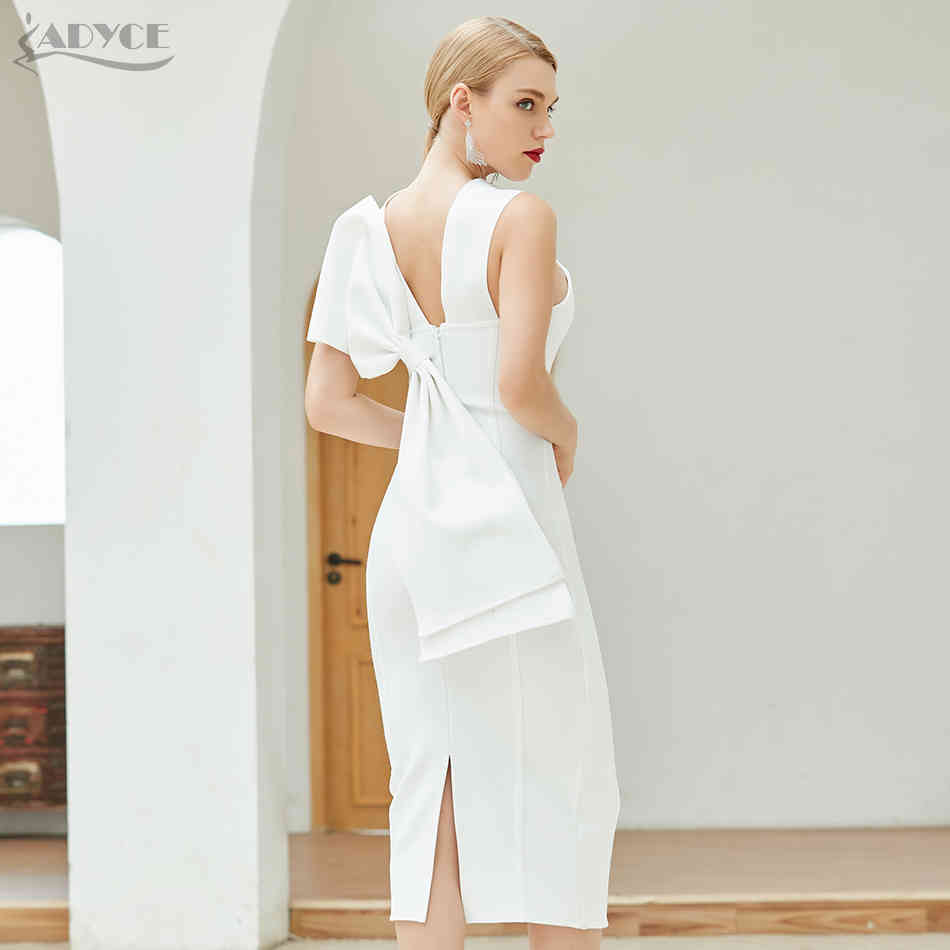 Summer White Bodycon Bandage Dress Women Sexy Sleeveless Halter Bow Midi Celebrity Runway Party Dresses Vestidos 210423