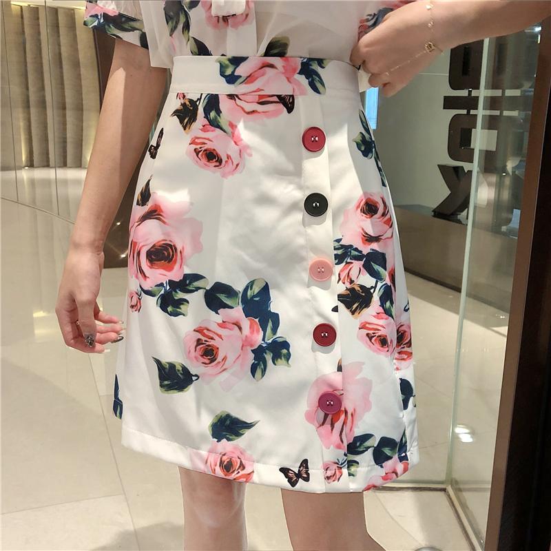 Two Piece Dress Arrival Women Flower Printing Bow Tie Top Elegant T-shirt + Fashion Button Vintage Silm Skirts 2 Clothing Set Suits