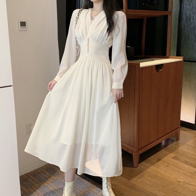 Korean Spring Women Sexy V-Neck Apricot Chic Party Dress Feminine Elegant Chiffon High Waist Long-Sleeved Midi 210519