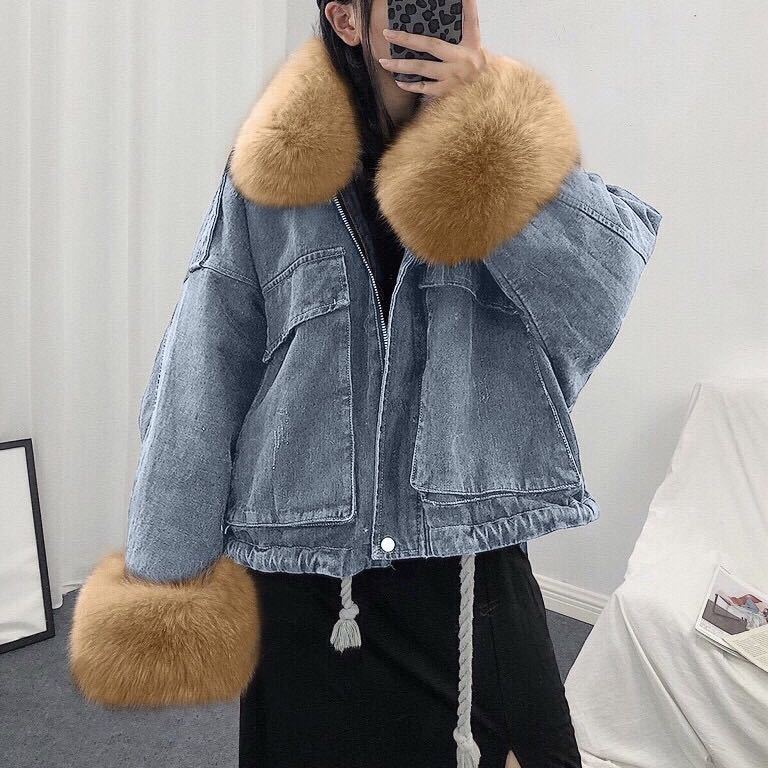 Parka Denim Jacket Women's Winter Fur Collar Big Pocket Long Sleeve Plush Large Size Coat Female 5A1362 210427
