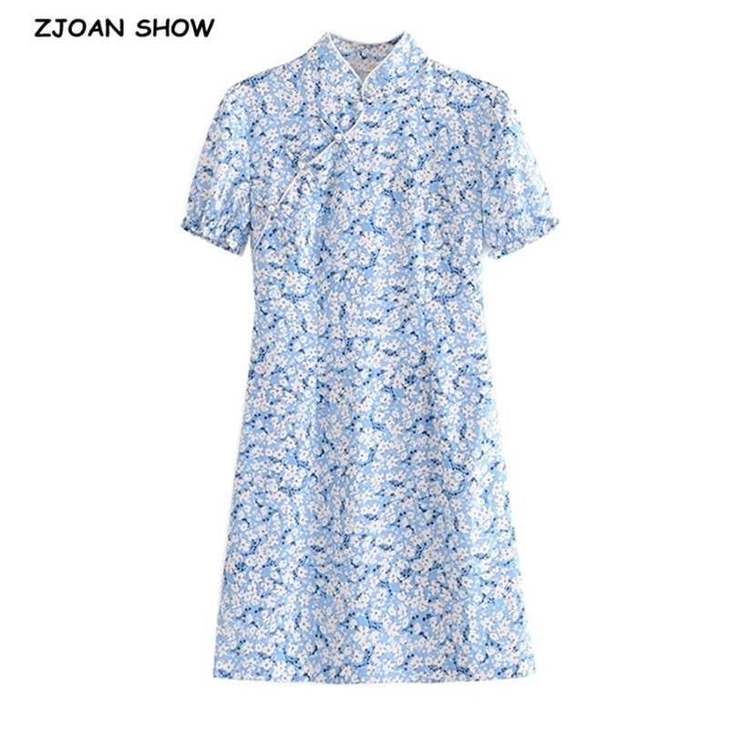 Chinese Style Elegant Pearl Buttons Blue Floral Print Dress Short Sleeve Side Slit Woman Cheongsam Dresses Summer 210429