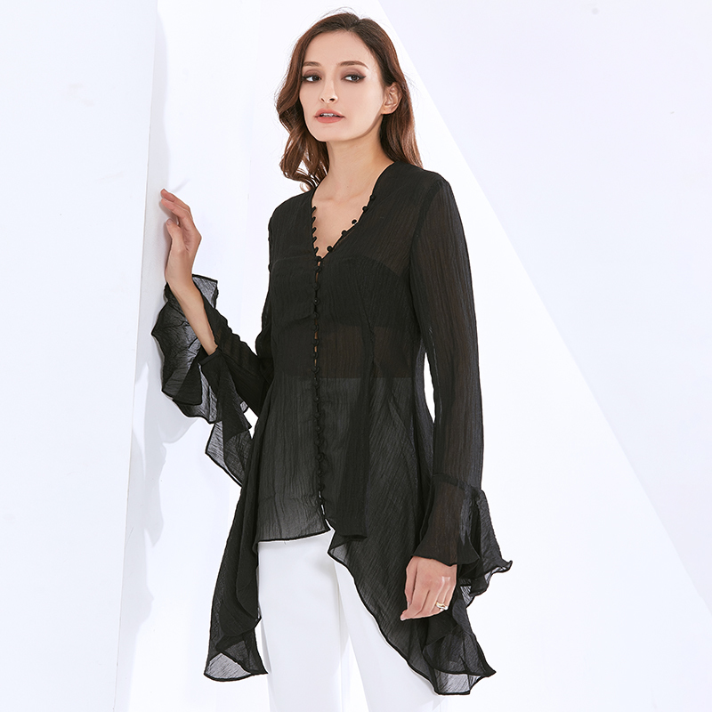 Elegant Thin Shirt For Women V Neck Flare Long Sleeve Tunic Black Blouse Female Fashion Clothing Style 210524