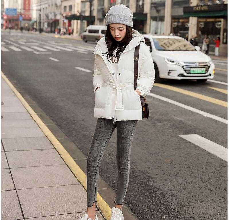 Women Autumn Winter Jacket With Belt Cotton Parkas Hooded Slim Short Jacket White Red Pink Black 211007wtt