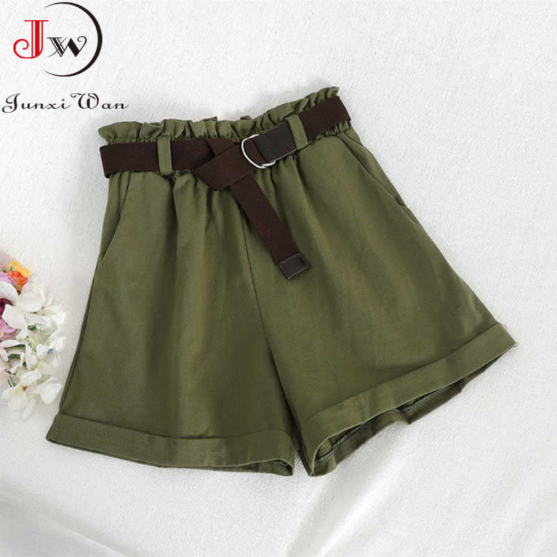 Casual Fashion High Waist Women Summer Cotton Shorts Solid Korean Style Sweet Girls Loose Wide Leg Mini Short Pants With Belt 210714