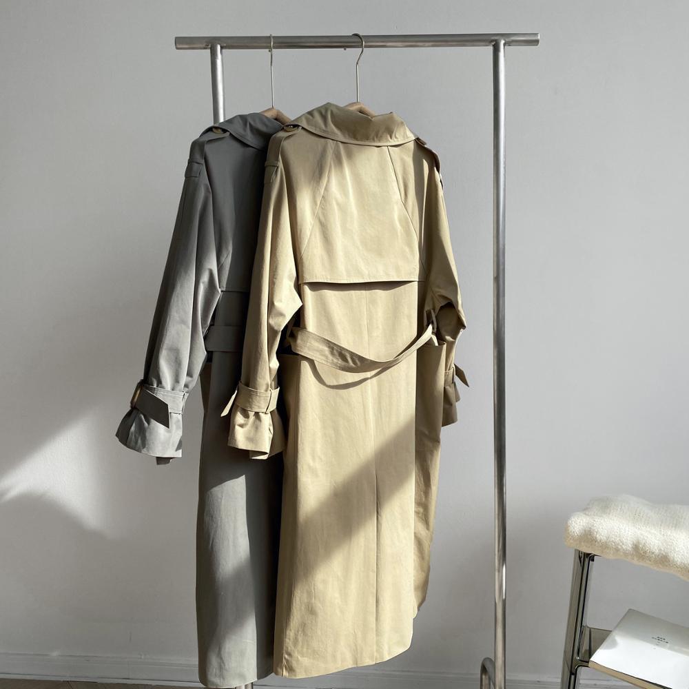 Minimalist Suit Collar Double-breasted Long Trench Coat High Quality OL Overcoat Autumn Solid Casual Windbreaker 210421