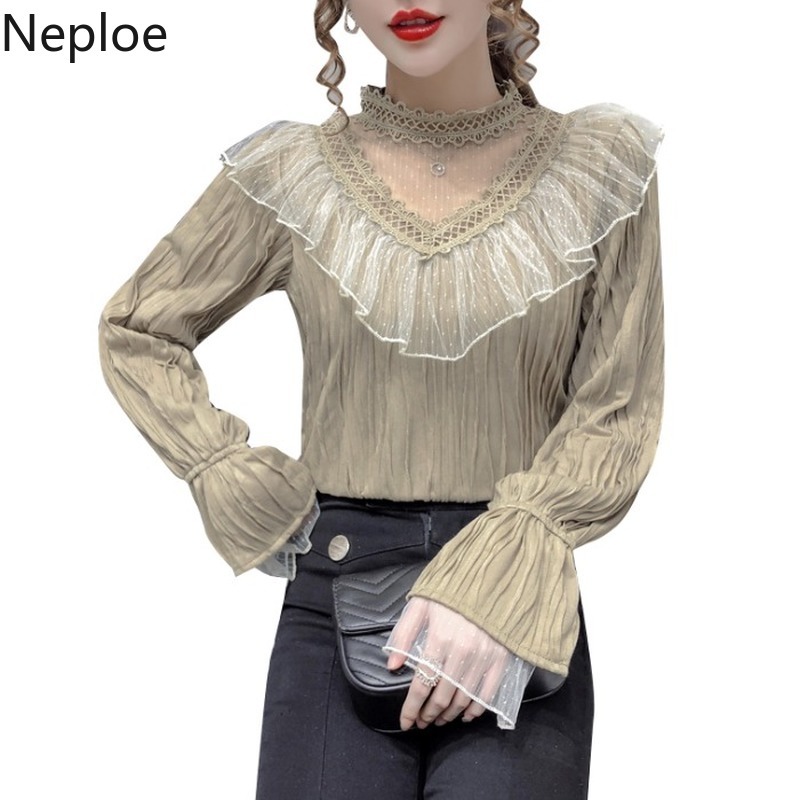 Neploe Stand Neck Hollow Out Blouse Women Gauze Patchwork Lace Tops New Fashion Ruffles Temperament Shirt Blusas Mujer 210422