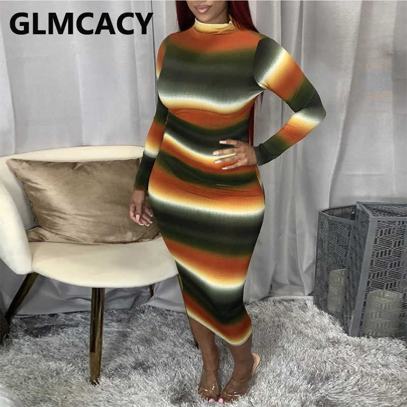 Women Abstract Striped Bodycon Dress Long Sleeve Slinky Pencil Dresses 210702