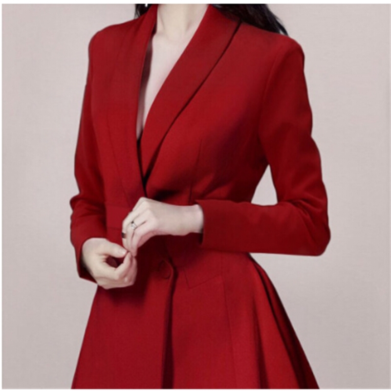 Notched Neck Asymmetry Long Sleeve Dress Women Autumn Office Business Red Vestido De Festa 210520