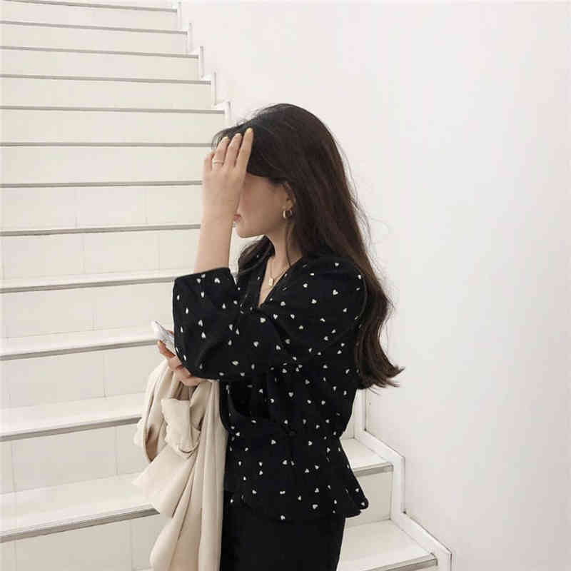 plus size Girls Long Sleeve Summer Shirt V neck Black apricot Shirts Womens Tops and Blouses Print Chiffon Blouse Women 210417Z