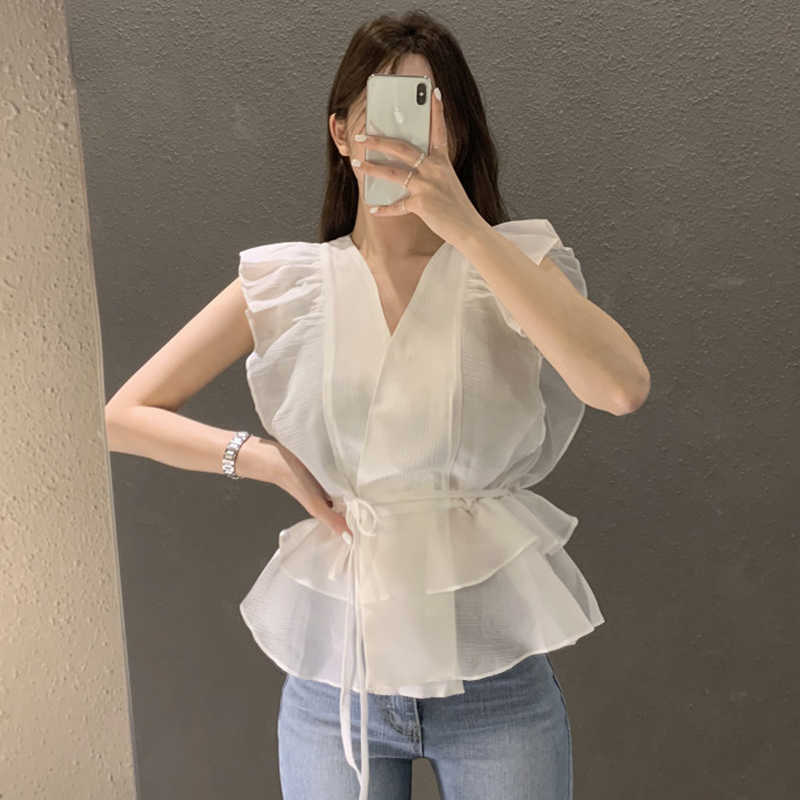 Korejpaa Women Shirt Summer Korean Chic Gentle Temperament Cross V-Neck Ruffle Stitching Lace-Up Waist Blouses 210526
