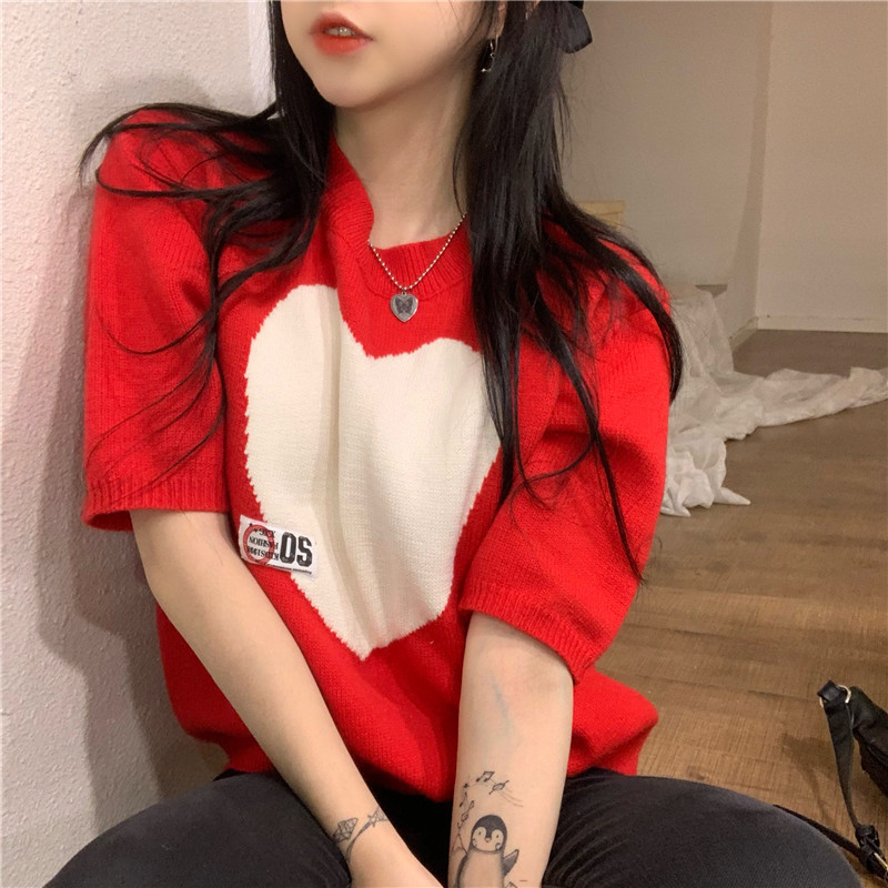 Nomikuma Short Sleeve Knitwear Tops Spring Korean Love Heart Knitted Pullovers Causal O-neck Hit Color Jumpers 6E990 210427