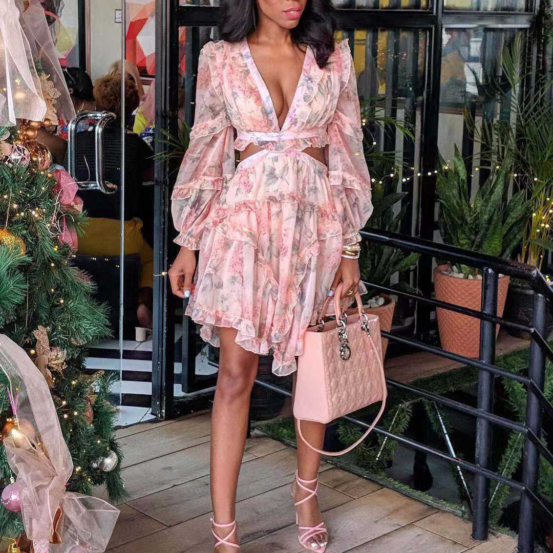 DEAT Spring Long Sleeve V Neck Pink Floral Print Hollow Out Ruffled Knee Length Chiffon Dress Women MH842 210630