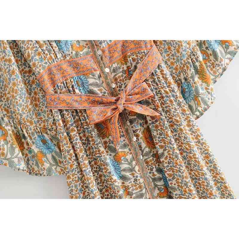Fashion Summer Women's Sunflower Print Waist Tie Flared Sleeves Boho Long Maxi Dress Beach Vacation 210514