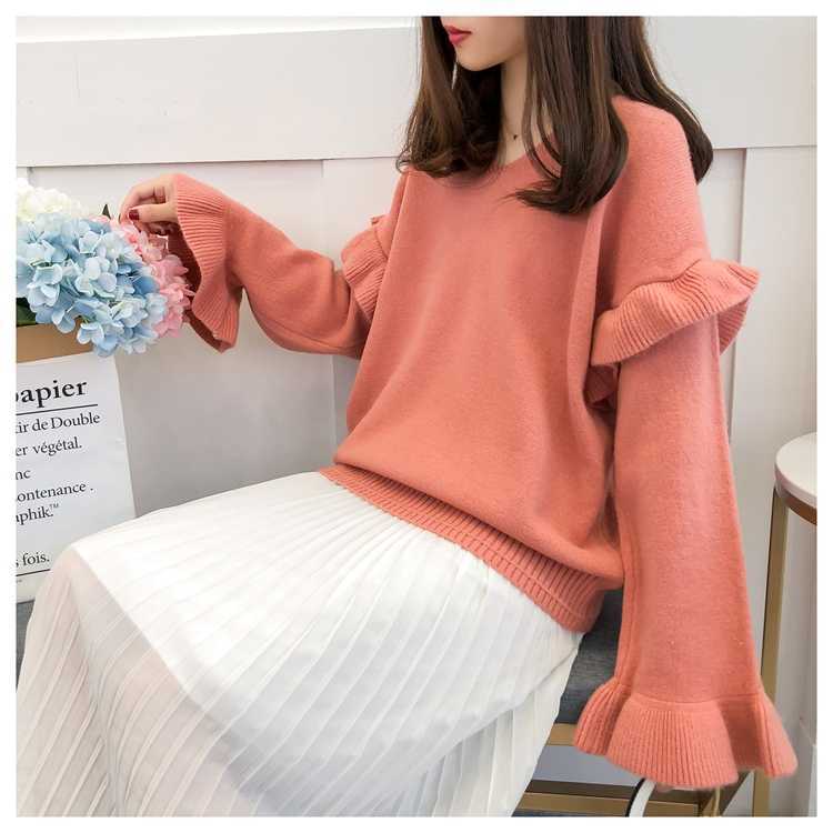 H.SA Women Korean Oversized Sweater and Pullovers V neck Ruffles Butterfly Sleeve Harajuku Chic Sweater Jumpers casaco feminino 210716