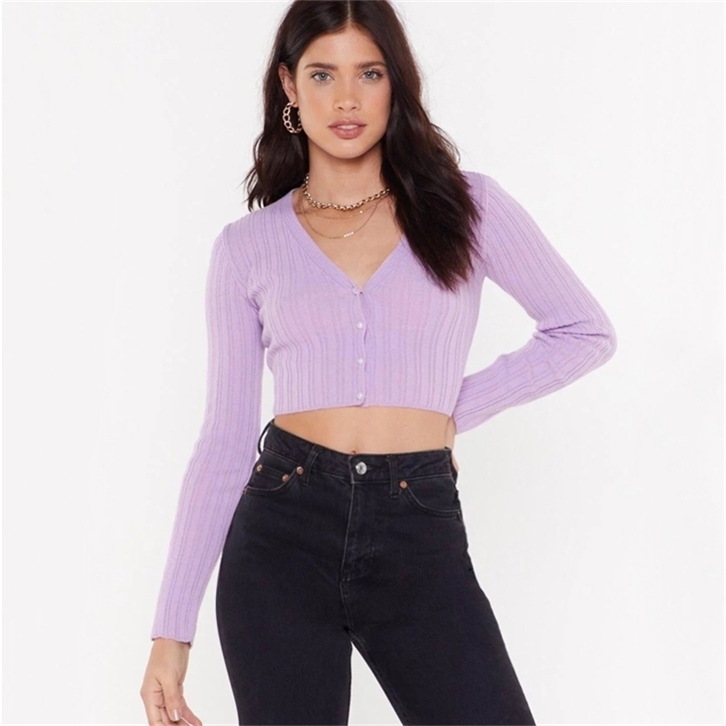Women Deep Plunge Neck Cropped Cardigan Crop Sweaters 210512