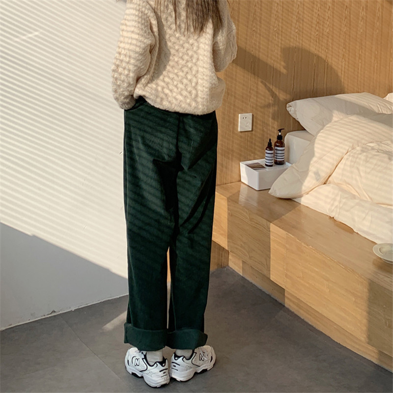 OL Elegant Minimalist High Waist Straight Corduroy Pants Women Spring Autumn Casual Wide Leg Trousers 210421