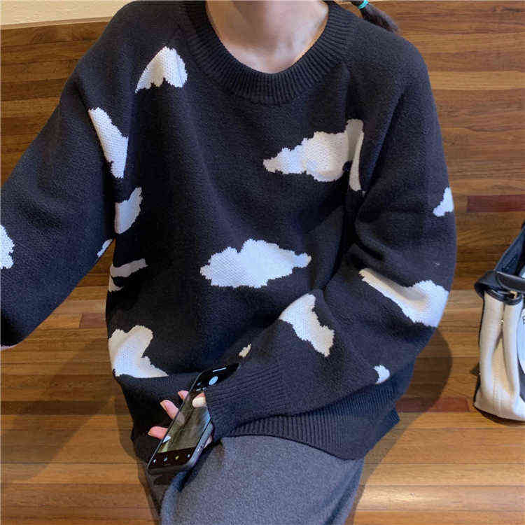 Korean Cartoon Cloud Women Sweater Chic Causal Oversized Knitted Pullover Tops Autumn Pull Jumpers 6B805 211109