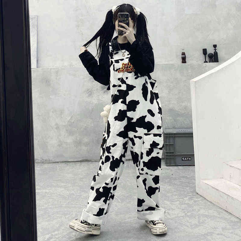 HOUZHOU Hippie Cow Print Jumpsuits Harajuku Patterned Trousers Korean Style Overalls Casual Baggy Wide Leg Pants Spring 211124