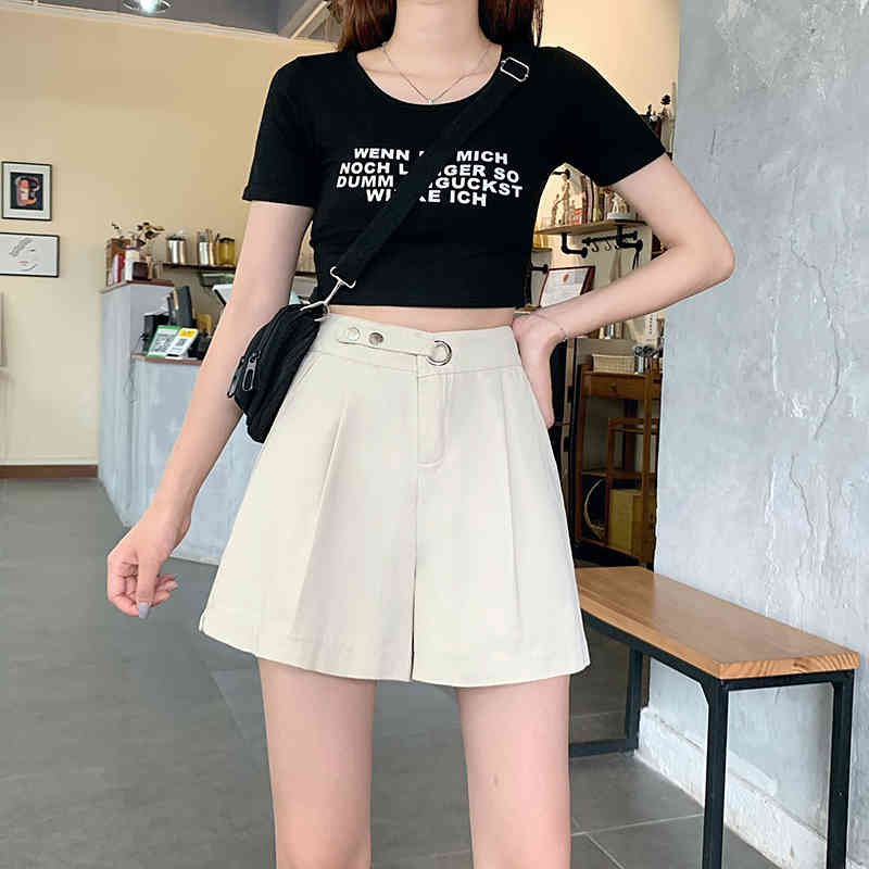 Korean Casual Chic Streetwear Solid Fashion High Waist Loose Wide Leg Femme Sexy Women All-Match Shorts 210421