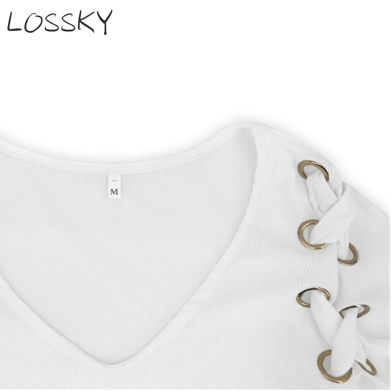 Criss Cross Bandage Bow Tie V Neck Crop Top Women's Autumn Winter Knitted Long Sleeve White Sexy T-shirt T shirt Tee 210507
