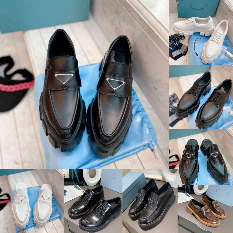 Designer Shoes Soft Cowhide Platform Sneakers P Triangle Loafers Rubber Black Shiny Leather Chunky Round Head Sneaker Thick Bottom Shoe With box size 35-41