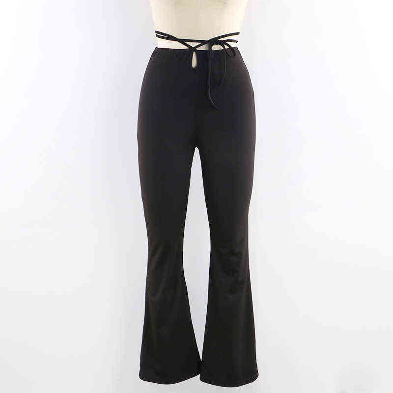 Forefair Women Cut Out Bandage Flare Pants Trousers Autumn Winter Fashion Casual Club Party Sexy Black Female 211115