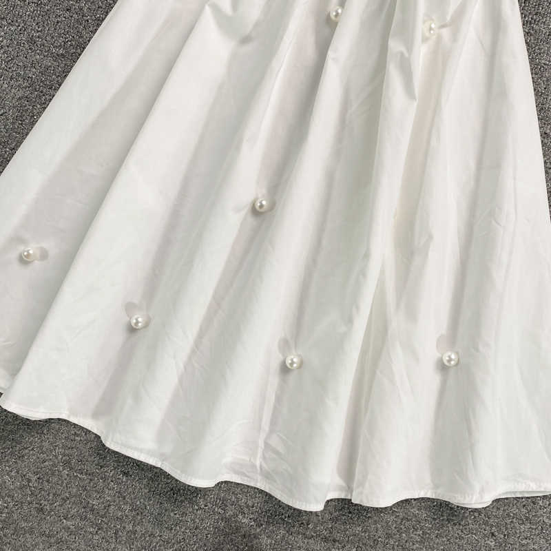 Woman Dress Korean Beads Slim High Waist A-line Dresses Sweet Puff Sleeve Square Collar Vestidos Feminimos 6H301 210603