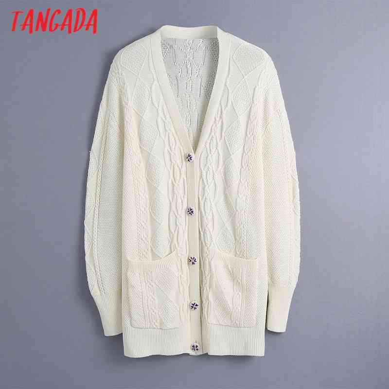 Women Twist Loose Cardigan Sweater Beading Buttons Vintage V Neck Long Sleeve Female Outerwear Chic Tops BE496 210416