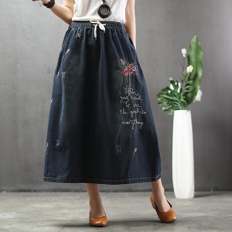 Skirts Summer Embroidery Midi Denim Skirt Women Vintage Art Elegant Plus Size Distress Elastic High Waist Loose Long Jean Female