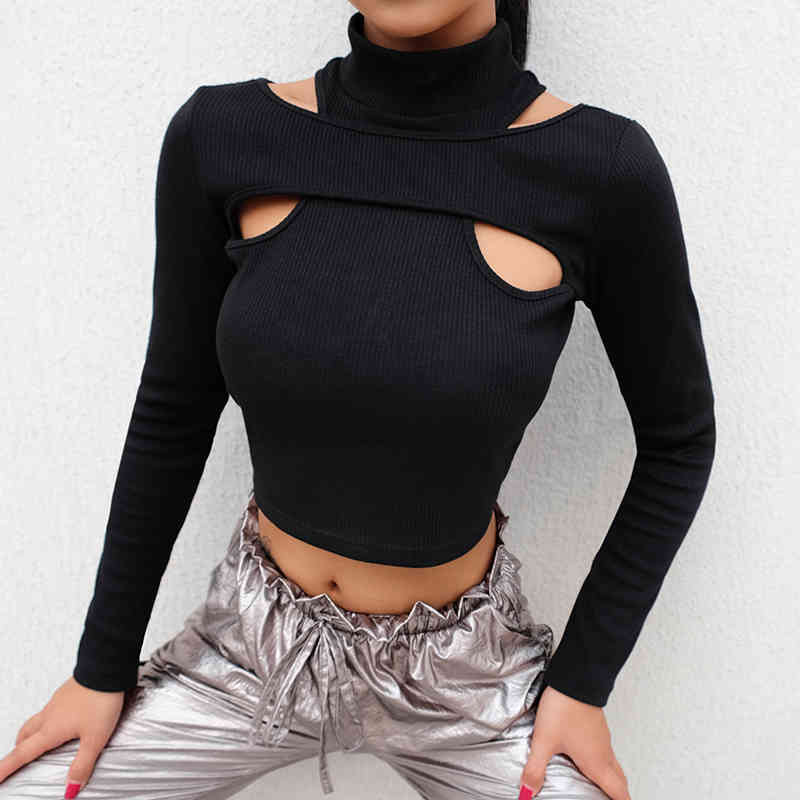 Rockmore Korean Style Harajuku Buckle Women Turtleneck Long Sleeve T Shirt Femme Basic T-shirt Hollow Out Gothic Cotton Crop Top 210406