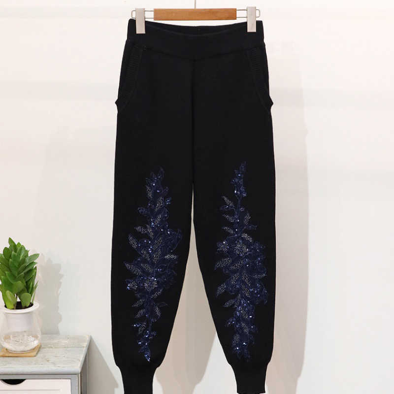 VGH Casual Embroidered Sequin Sets For Women O Neck Long Sleeve Tops High Waist Pants Print Two Piece Set Female Fashion 210930