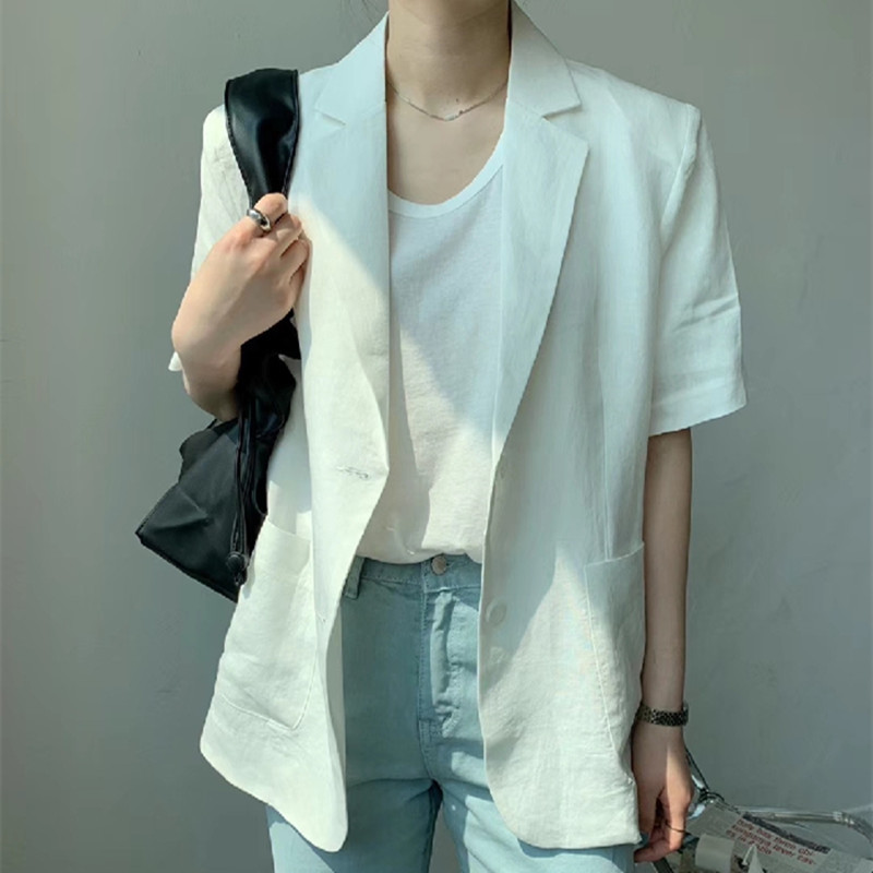 OL Suit Collar Women Blazer Cotton Linen Solid Single Breasted Jacket Autumn Summer Short Sleeve Minimalist Tops 210421
