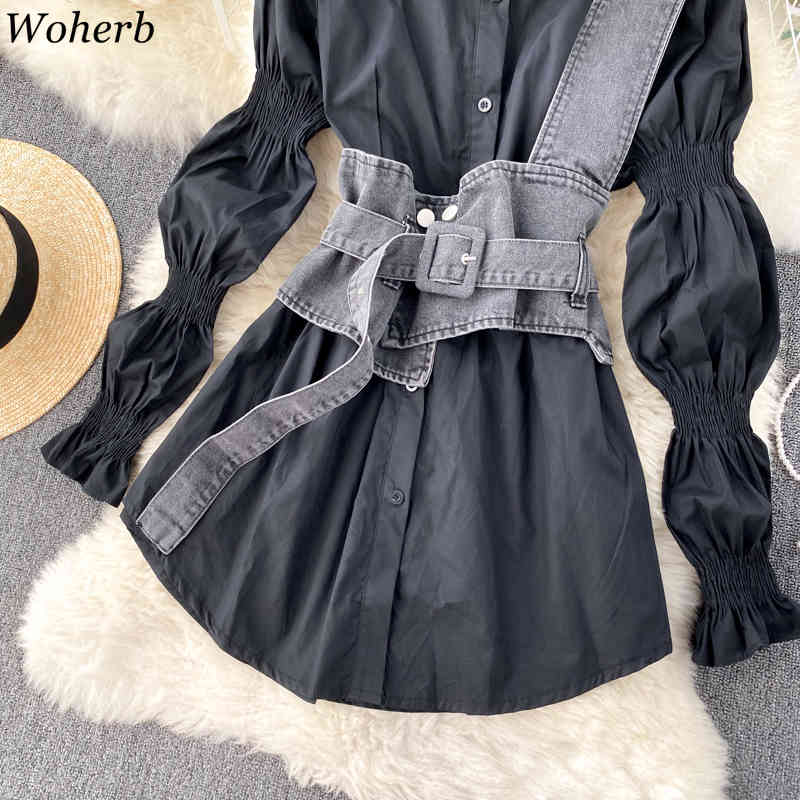 Blouse Women Puff Sleeve Turn-down Collar White Shirts Denim Sling Vest Tops Korean Fashion All-match Blouses Blusas 210519