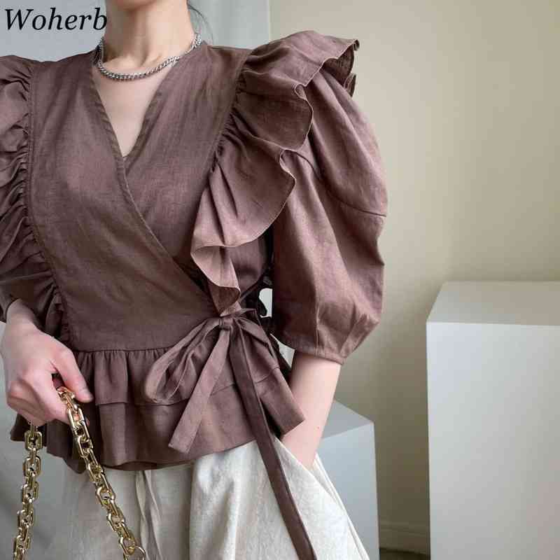 Women Blouse Vintage Temperament Blusas V-neck Ruffles Patchwork Fashion Shirts Lace-up Slim Waist Puff Short Sleeve Tops 210519