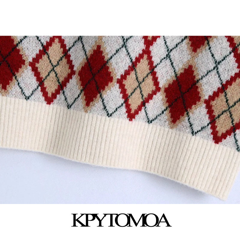 Women Fashion Loose Cropped Argyle Knitted Vest Sweater V Neck Sleeveless Female Waistcoat Chic Tops 210420