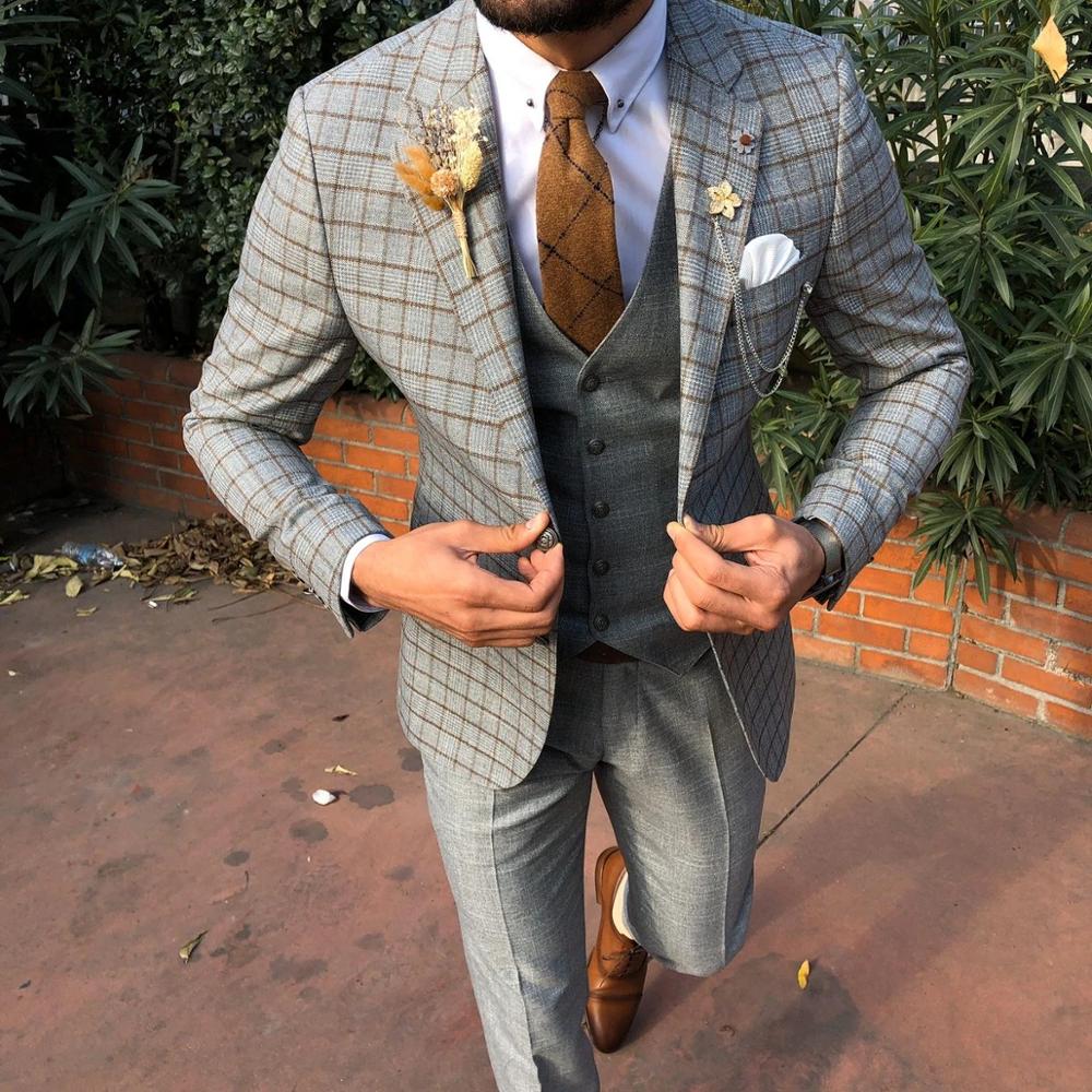 Classic Wedding Tuxedos Men's Suits Slim Fit 3 Pcs Suit for Men Check Business Mens Groom Tuxedo Prom Tailor Notch Custom Made