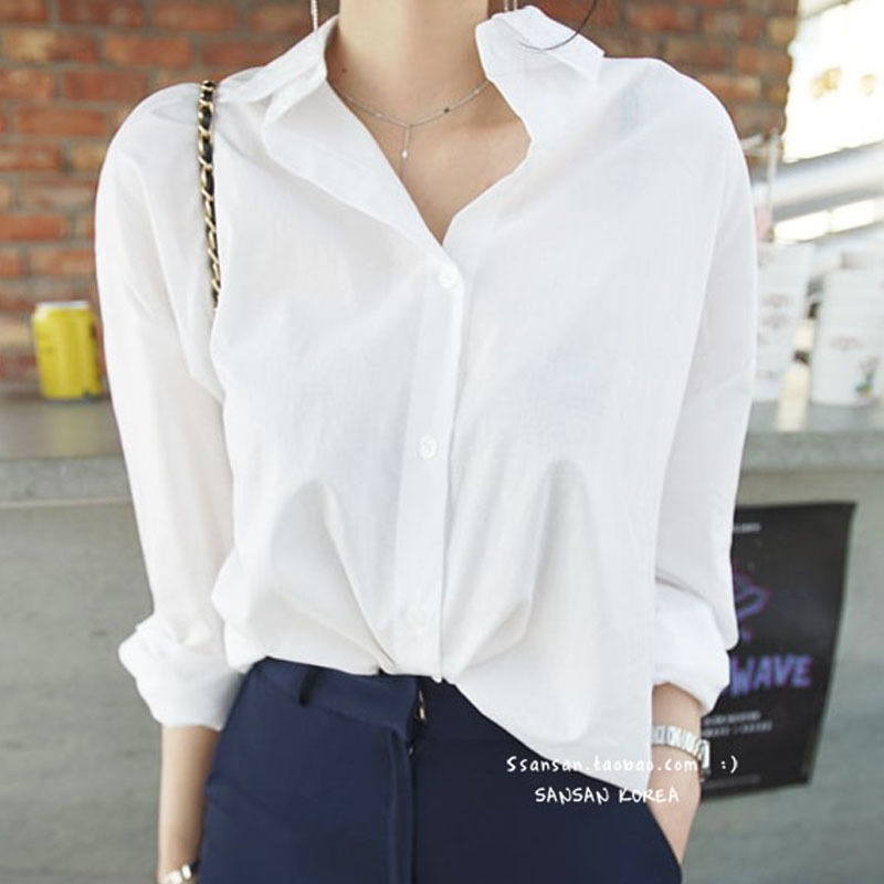 Autumn Korean White Shirt Simple Basic Long Sleeve Female Student Women Blouses Turn-down Collar Tops 6072 50 210506
