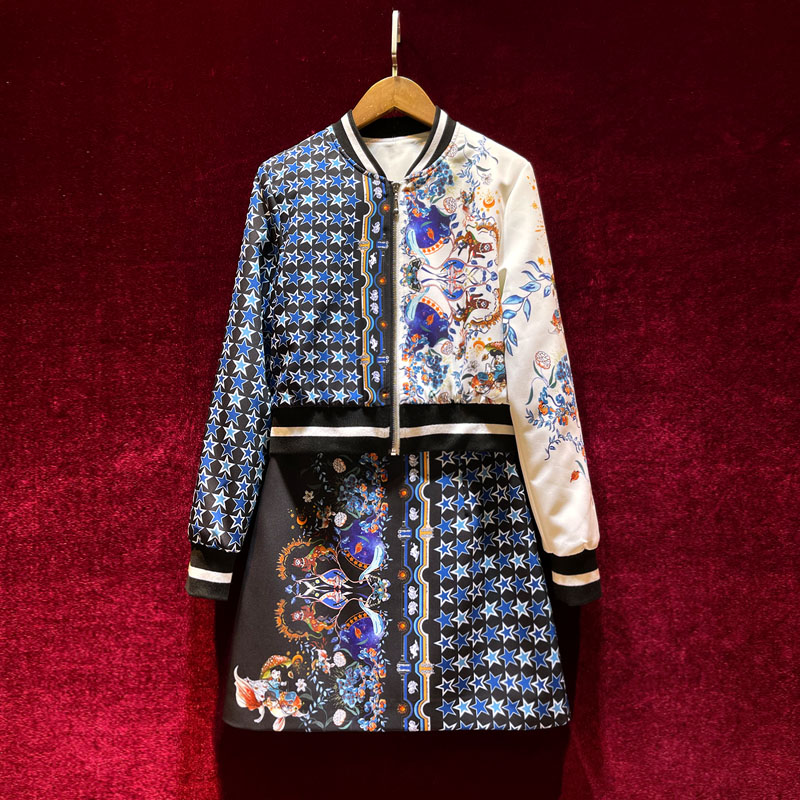 European and American women's summer 2021 new Long sleeve zipper print coat Star vintage print skirt Fashion suits, White
European and American women's summer 2021 new Long sleeve zipper print coat Star vintage print skirt Fashion suits, White